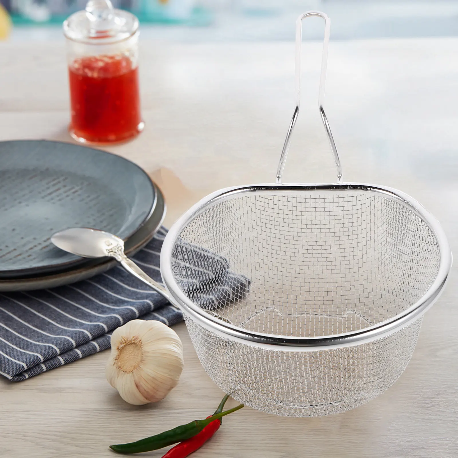 Cesta para freír de acero inoxidable de 18 cm, cesta con filtro de aceite para cocina, herramienta para freír alitas de pollo, patatas fritas, aros de calamar