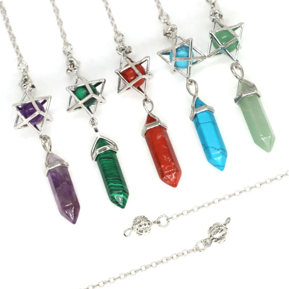 Reiki Natural Stone Hexagonal Merkaba Pendulum for Wicca Drowsing Hexagram Pendule Round Crystal Quartz Beads Pendants Jewellery