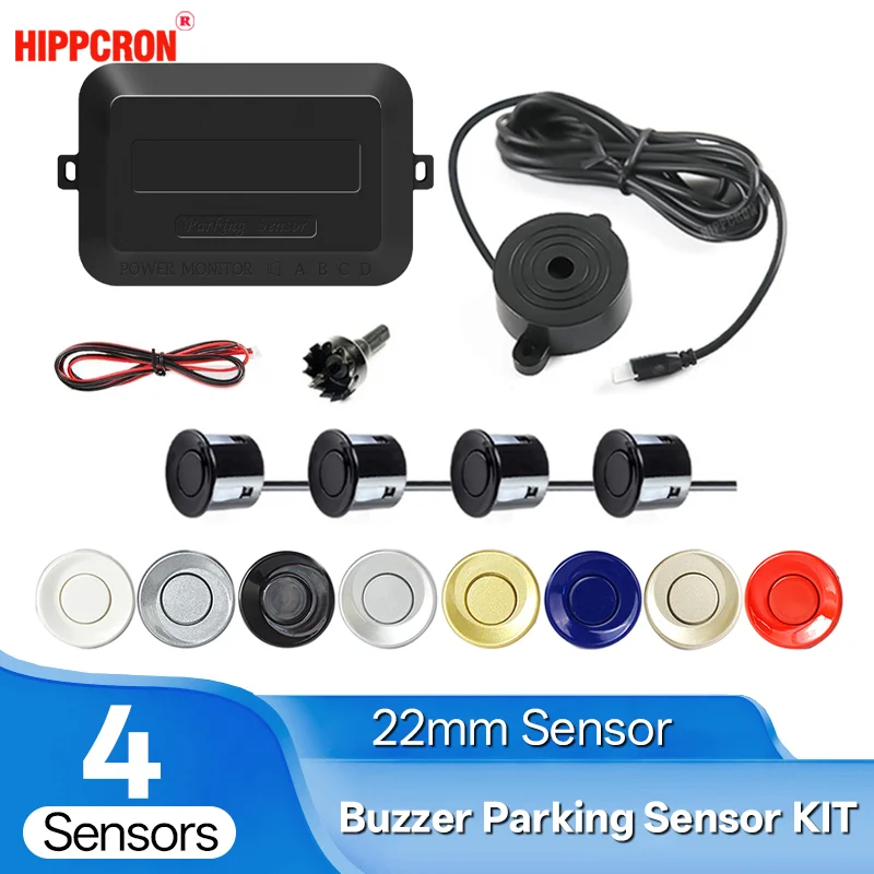 Hippcron 22mm Car Parking Sensor Kit Buzzer 4 Sensors Reverse Backup Radar Sound Alert Indicator Probe System 12V 8 Colors