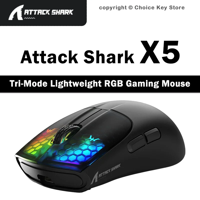 ATTACK SHARK X5 Wireless Gaming Mouse Tri-Mode Bluetooth 2.4G USB-C Wired PAW3212 RGB Honeycomb 49g Lightweight Rechargeable