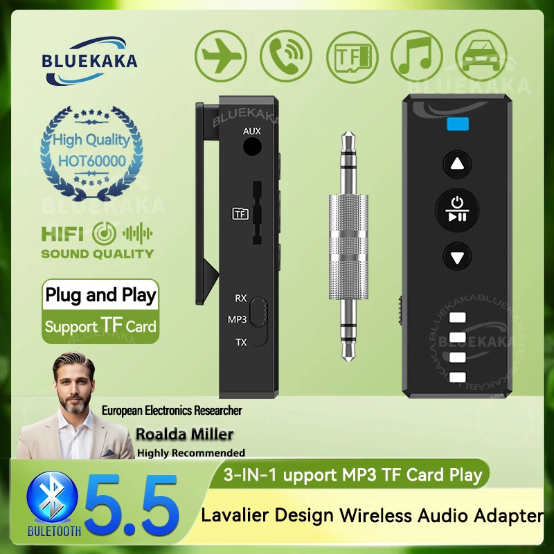 Transmisor y receptor de audio Lavalier Bluetooth 5.5 3 en 1, MP3, tarjeta TF, reproducción de audio, entrada auxiliar de 3,5 mm, micrófono, adaptador inalámbrico de música estéreo para coche, avión, TV, PC, altavoz y