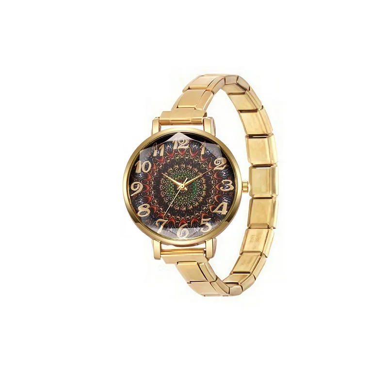 Bohemian Mandala Print Italian Charm Watch Gold Stainless Steel Modular Band Colorful Geometric Dial Ins Fashion Student Ladies
