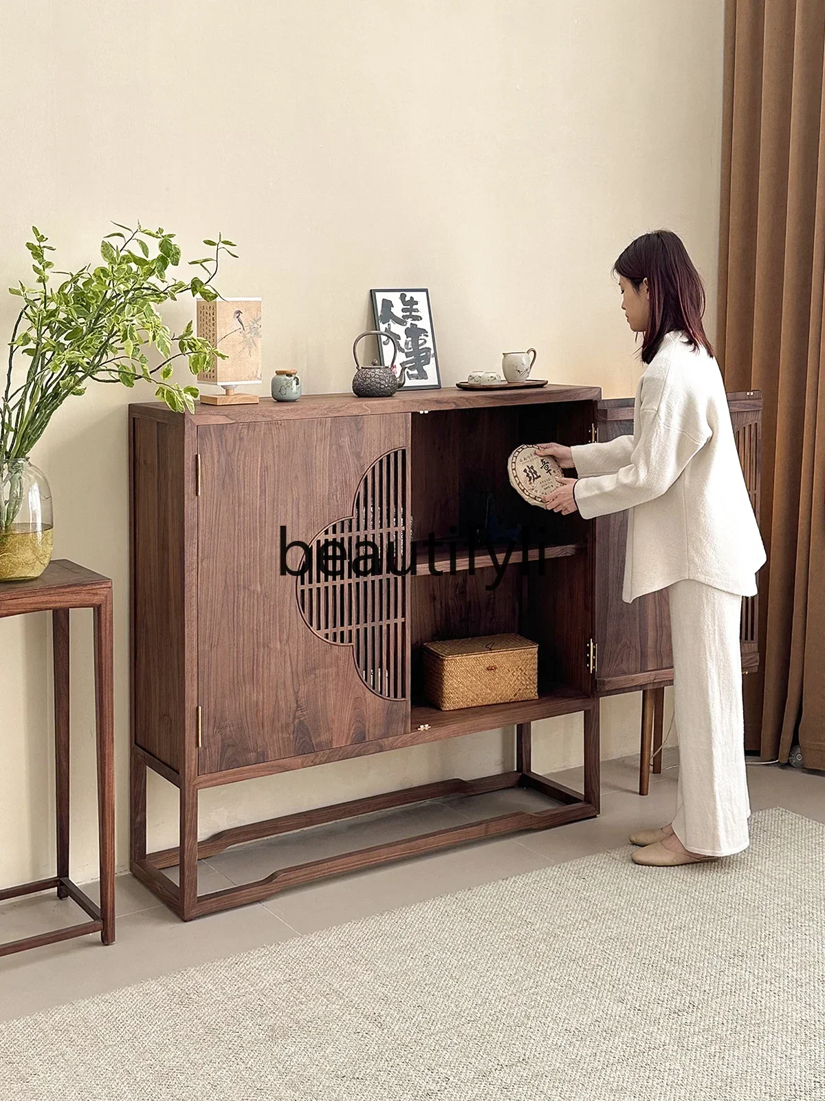 

Cy56 New Chinese style dining side cabinet, entrance cabinet, Zen black walnut furniture, log solid wood bookcase