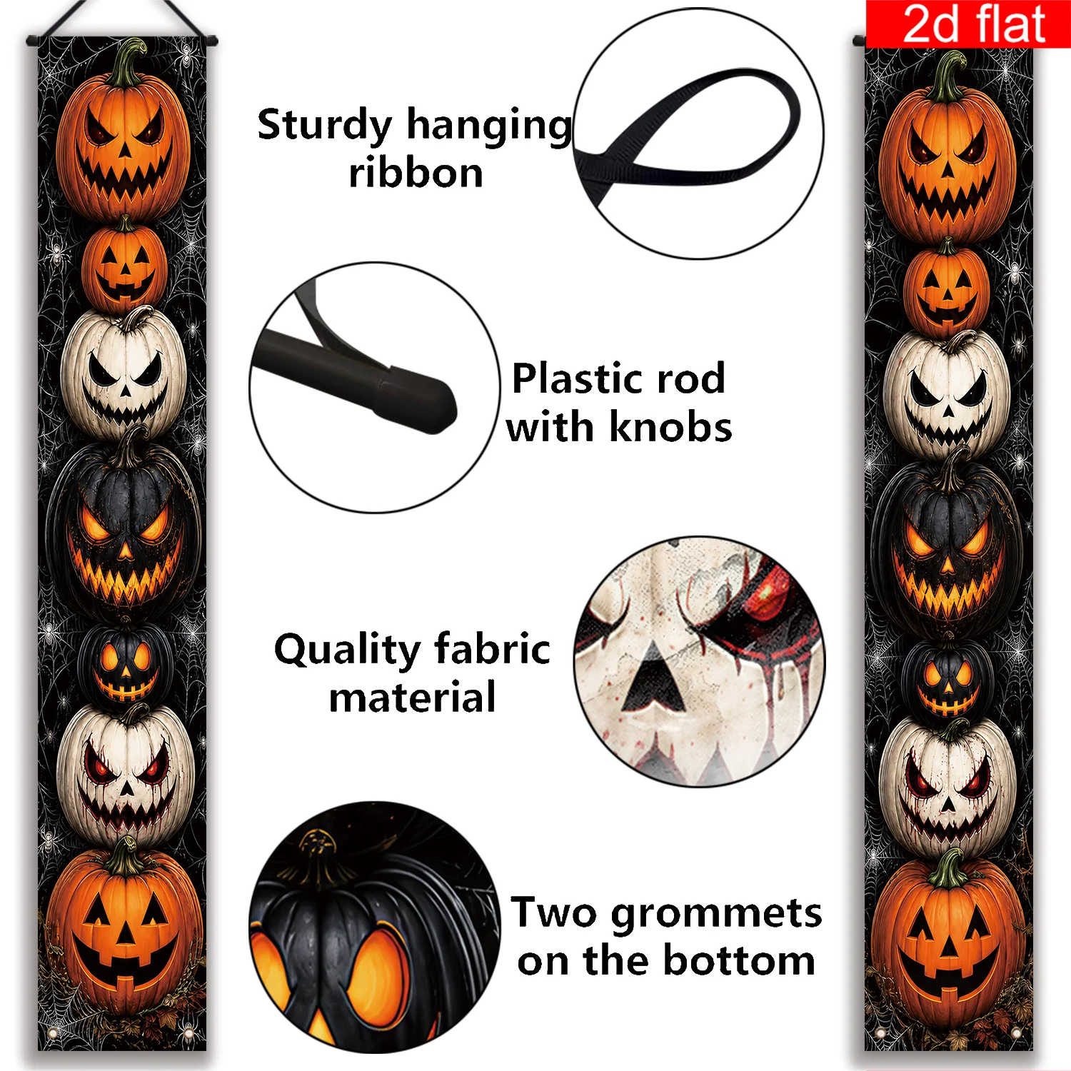 2D flat banner, 2-pack, Halloween front porch signage send a banner, cartoon horror pumpkin lantern pattern design