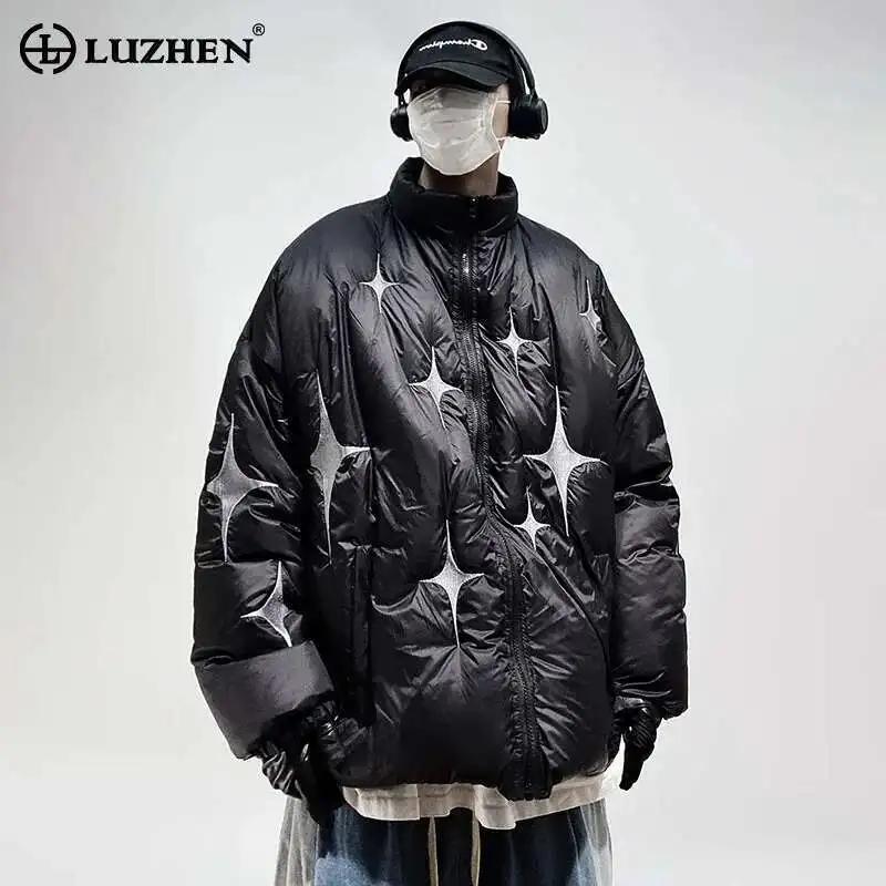 

LUZHEN 2025 новое индивидуальное цветное контрастное узором в стиле пэчворк, теплое стеганое пальто, мужская модная уличная повседневная парка LZ8495