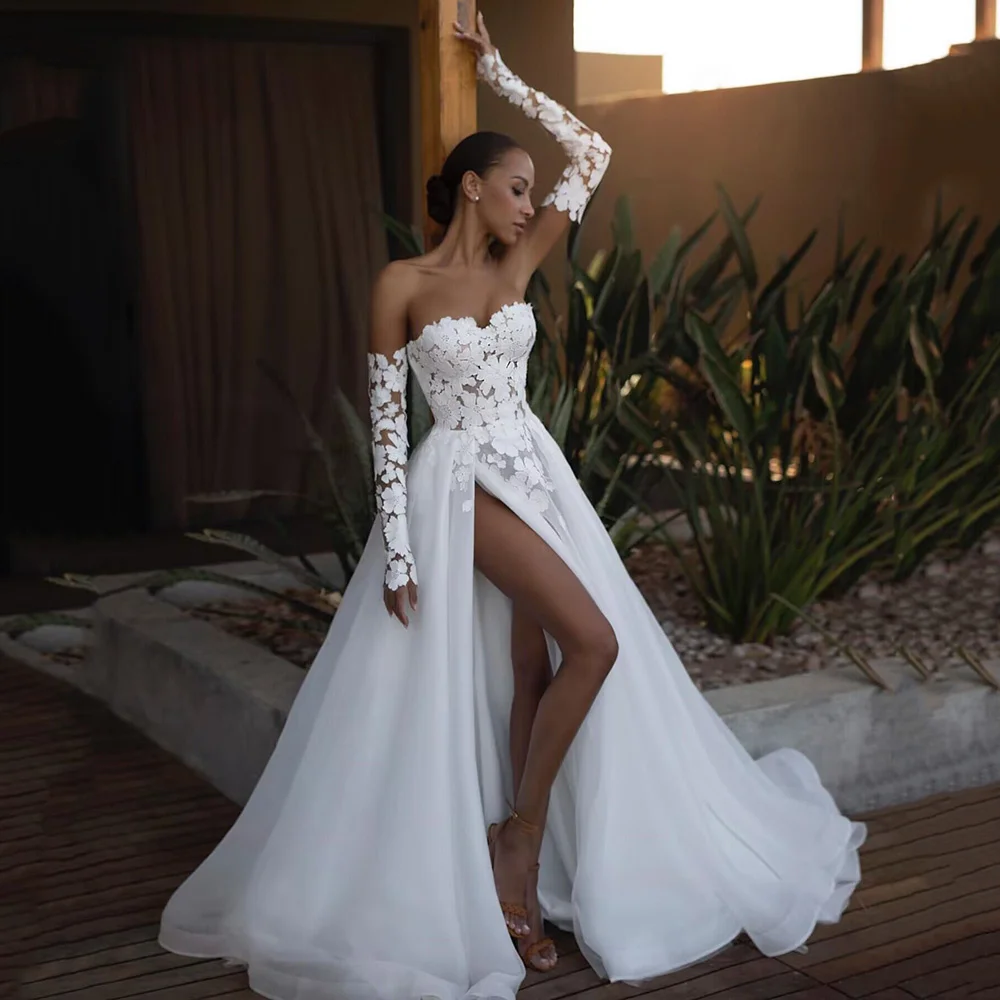 White Sexy African Wedding Dresses Beach Long Sleeve Lace Bride Dress Split Side Organza Wedding Gowns Sweep Train Boda