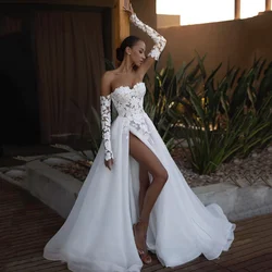 Robe de Mariée Africaine Blanche en Dentelle à Manches sulf, Tenue de Plage Sexy, Fendue sur le Côté, Organza, Quelle que soit la Traîne de Balayage