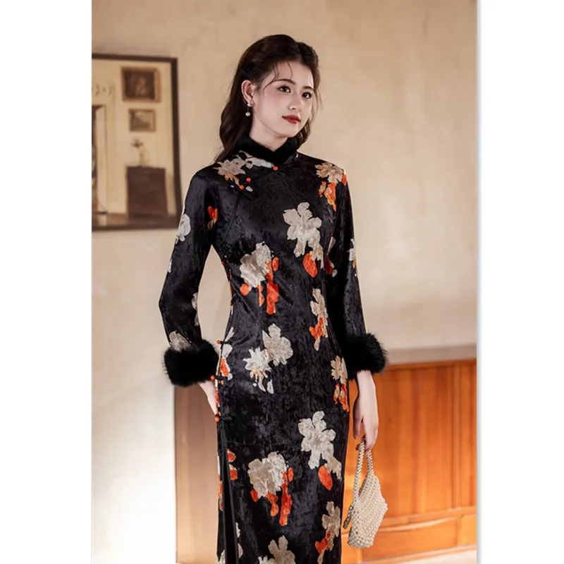 

Yourqipao Бархатное утепленное платье Cheongsam с длинными рукавами, зима 2022, Qipao, вечернее платье для матери невесты