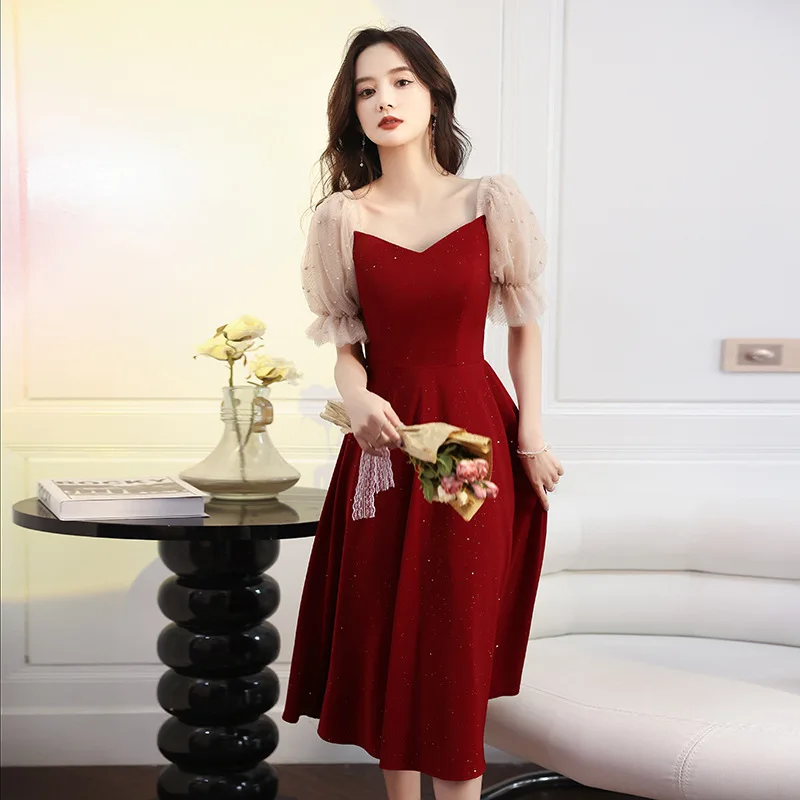 

Burgundy Wedding Party Elegant Woman Ceremony Dresses Bridesmaid Guest Evening Dresses Gentle Puffy Sleeve Formal Occasion Dress