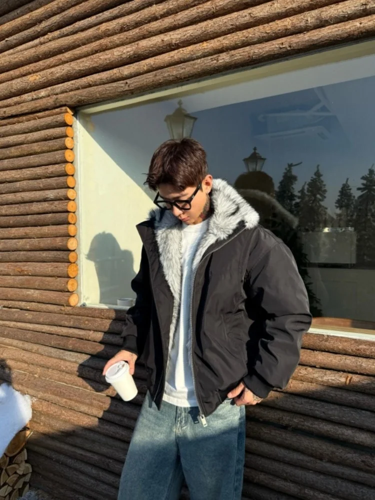 

American Retro Men's Bomber Jaet Thiened Fce Lined Cotton Coat with Fur Collar Winter Warm Outerwear Casual Sle