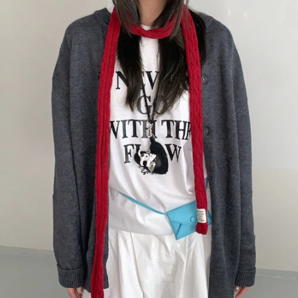 Soft Knit Texture Slim Knitted Scarf Cable Knit Pattern Long Slim Narrow Knit Scarf Lightweight Neat Edge Finish