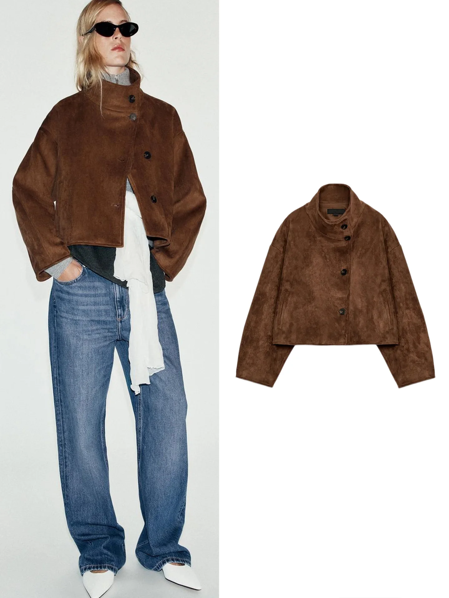 Autumn New Arrival Women's Stand Collar Long Sleeve Single Row Multi Button Pleated Hem Short Jacket Outerwear 4968224
