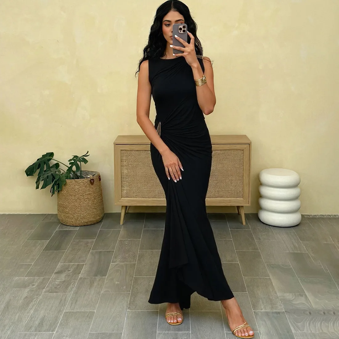 클리우 클래식 메탈 스플라이스 여성 드레스, 우아한 크루넥 민소매 주름 스트레이트 맥시 바디콘 여성 파티 트렌드 베스티도스