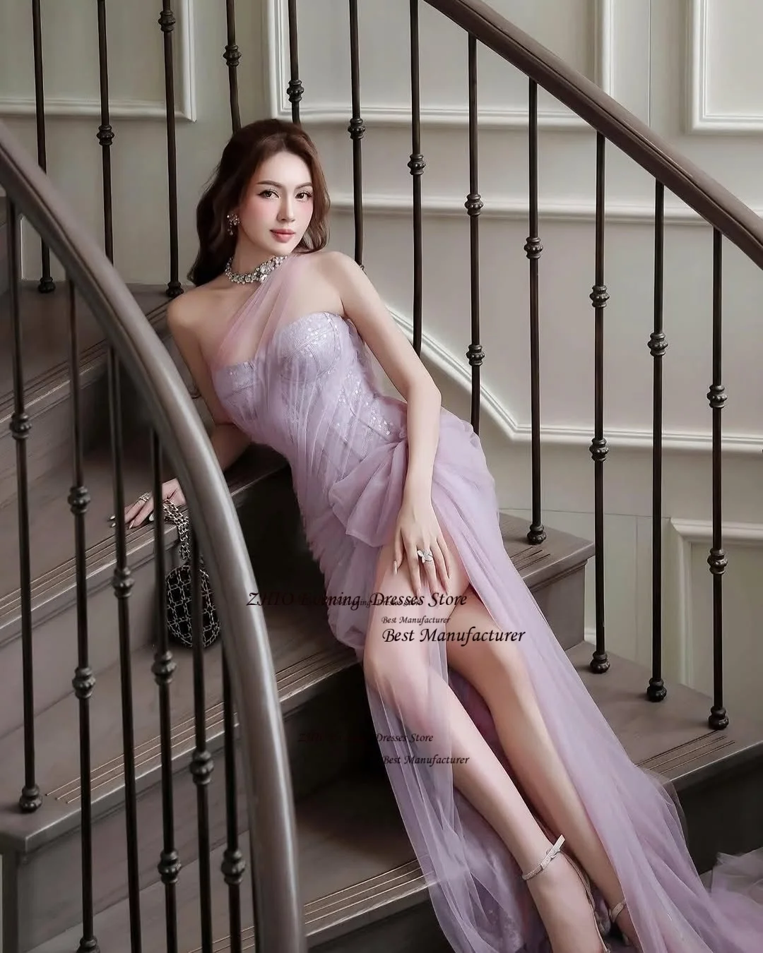 ZHIO الفاخرة الأرجواني الترتر ثوب مسائي الوهم تول ألف خط فستان طويل للحفلات مع القوس الحبيب الطيات فستان حفلات مخصص