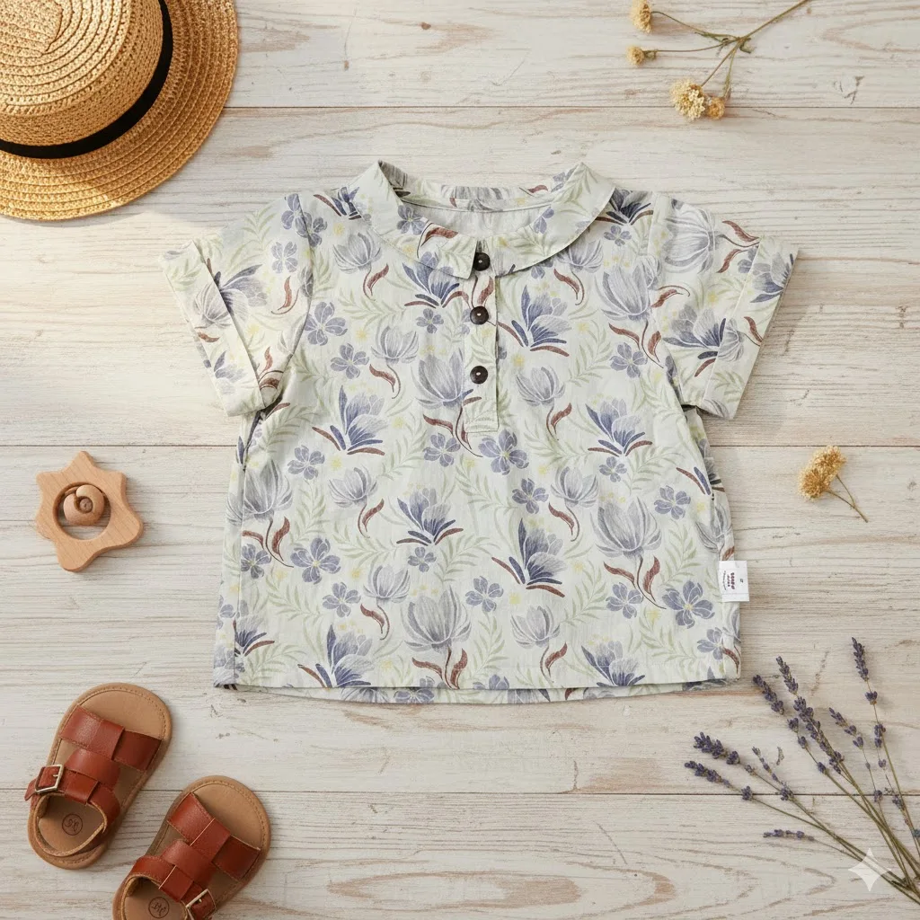 

SeasonSea Baby Shirt Pure Cotton Print Shirt Summer Top for 0-2Y Baby Girls Breathable Clothes for 6-18M Toddlers Shirt