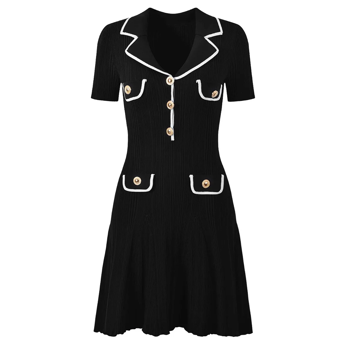 ZJYT Letnie sukienki swetrowe z dzianiny dla kobiet Moda z krótkim rękawem i kołnierzykiem Casual Dress Pink Blue Vestidos