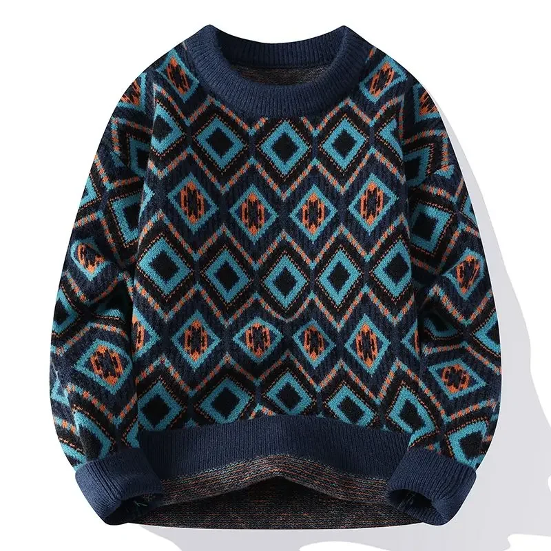 Thick Long Sleeve Knitted Sweaters for Men Round Collar Crewneck Knitwear Harajuku Jumpers Vintage Woven Loose Fit Pullover Man