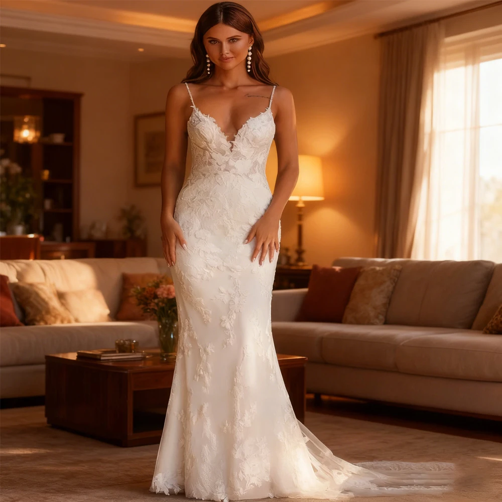

Graceful Mermaid Wedding Dress Appliques Deep V-neck Backless Spaghetti Straps Bridal Gowns 2025 Robe De Mariée Drop Shipping