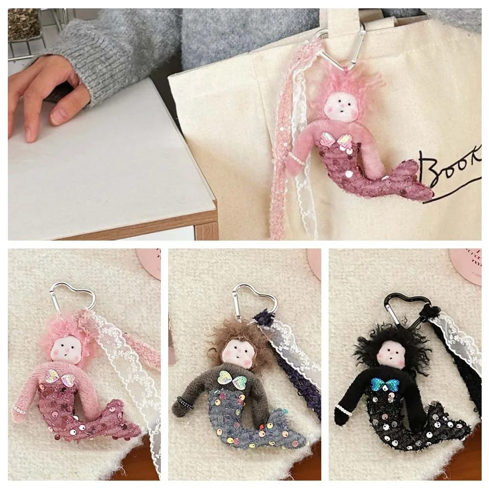 

Curled Mermaid Plush Mermaid Doll Key Chain Lace Ribbon Car Keyring Sequined Mermaid Pendant Bag Hanging Soft