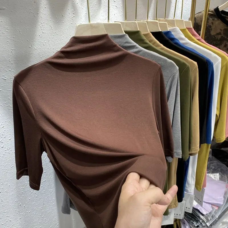 

Новая мягкая хлопковая футболка из модала с короткими рукавами для женщин, повседневная однотонная летняя футболка с высоким воротником, женская футболка с коротким рукавом