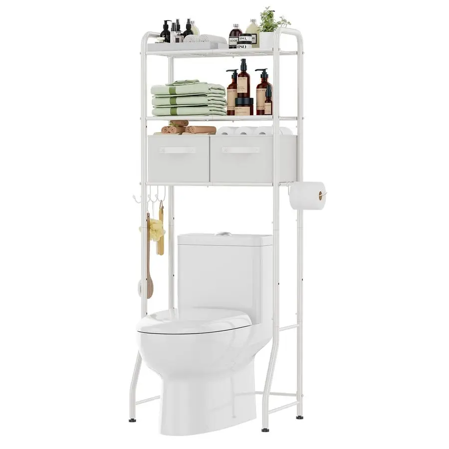 

Популярная надтуалетная полка-органайзер с ящиками, металлическая 3-ярусная полка для ванной комнаты с держателем для бумаги и 3 крючками, белая