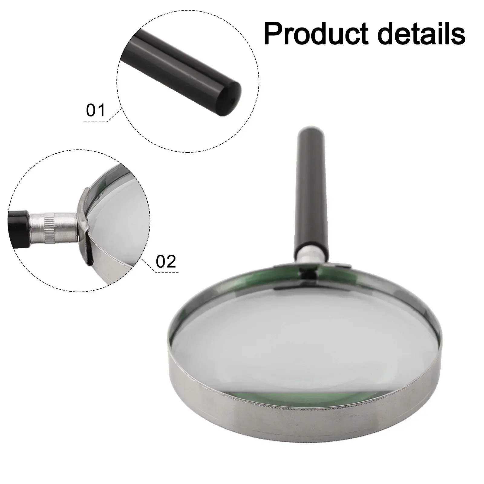 5X Magnification Handheld Magnifier 75/90/100mm Magnifying Glass Handle Semi-metallic Stainless Steel Magnifier