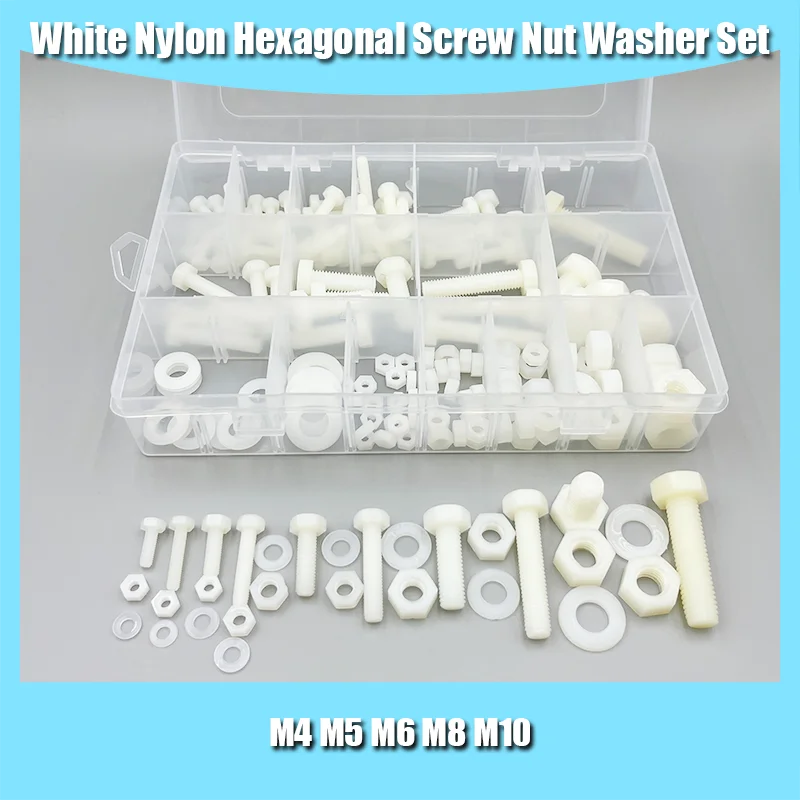 

216PCS/Set White Nylon Hexagonal Screw Nut Washer Set Metric Threaded Hex Head Screw Plastic Insulated Bolt M4 M5 M6 M8 M10