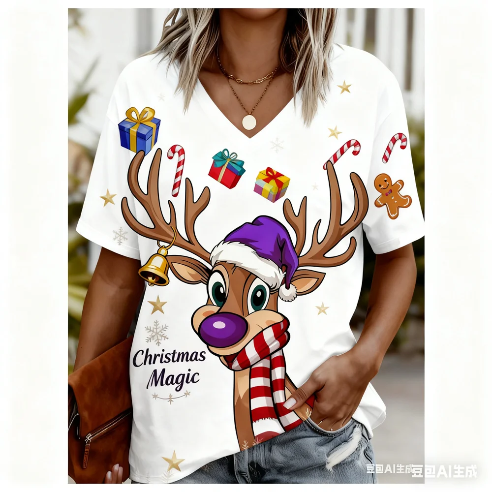 

Christmas Women's T-shirt 3D elks pattern print V-neck graphic t shirts quick-dry Christmas T-shirt tops for woman y2k Clothing