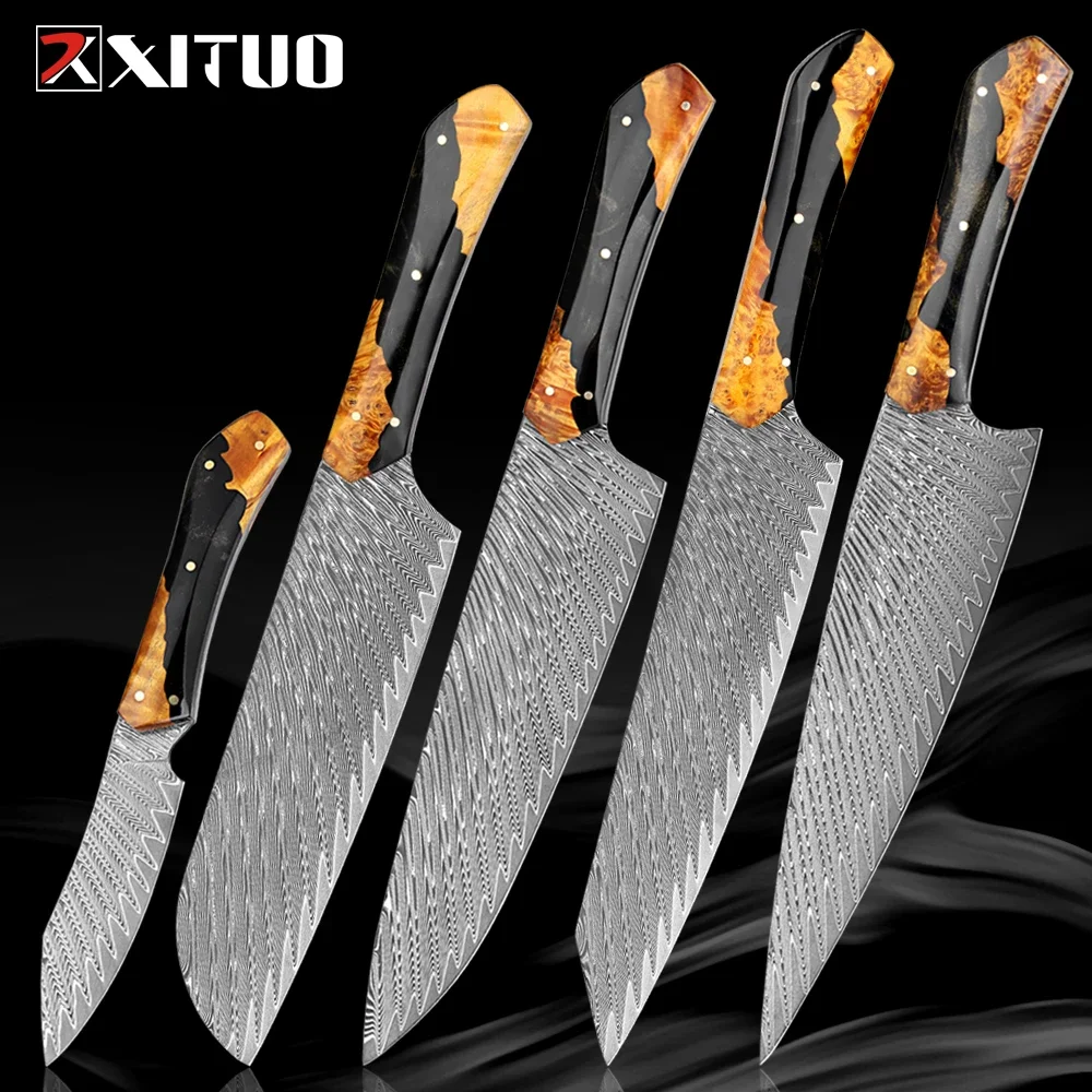 Damascus Steel Handmade Kitchen Knife Set 1-5pcs Chef knife Sharp Santoku Knife Paring Knife Full Tang Black Resin Wood Handle