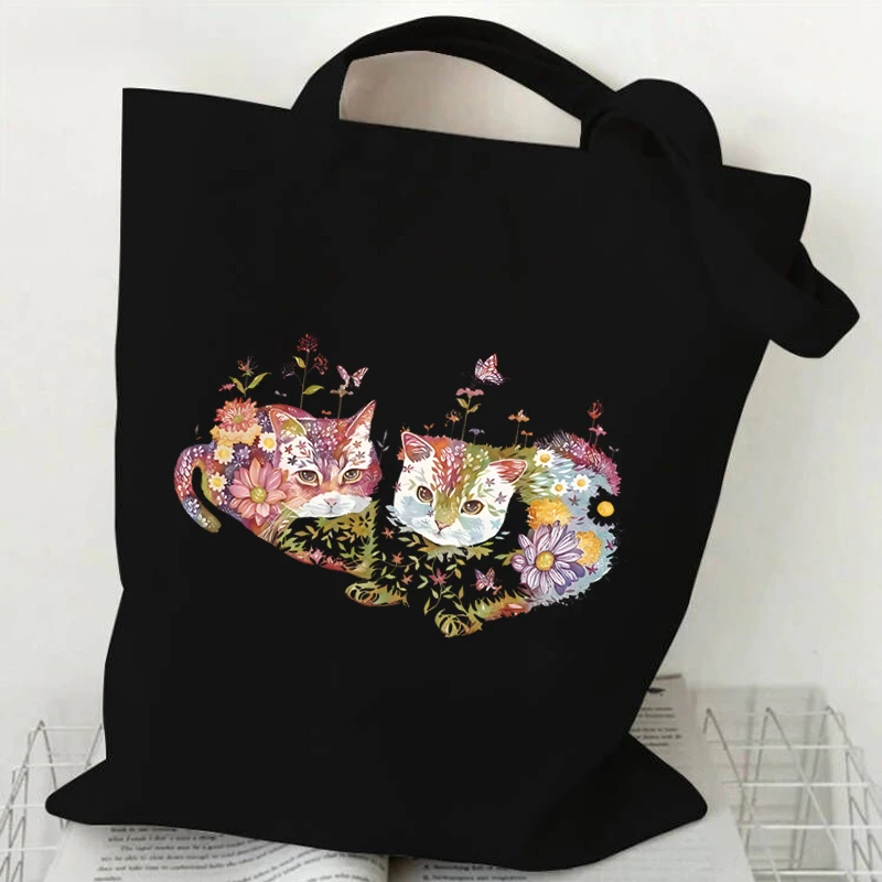 Cat and Flower Print Shoulder Bag Women Vintage Aesthetics Kitten Design Tote Bags Teenager Girls Shopping Bags Female Handbag