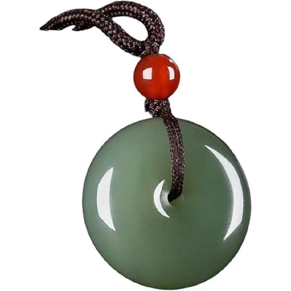 2Pcs Peace Buckle Amulet Necklace, Chinese Peace Donut Lucky Protection Charm Adjustable Cord Pendant, Random Color (Deep Green & White)