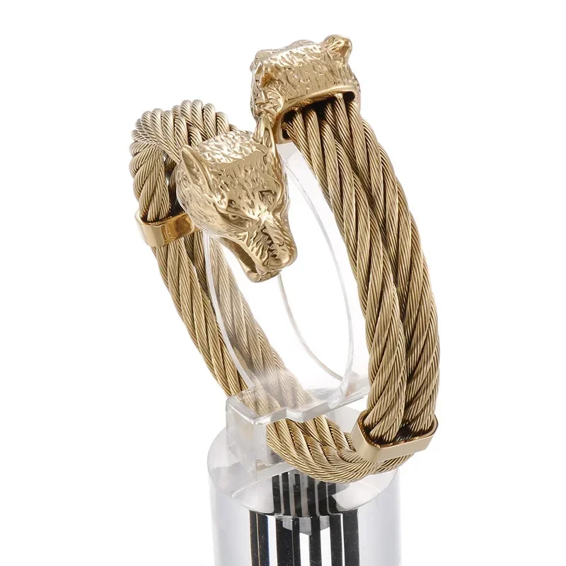 Rock Fashion Handwear Punk Vintage Wolf Head Double Men's for Ring Stainless Steel Open Elastic Bracelet