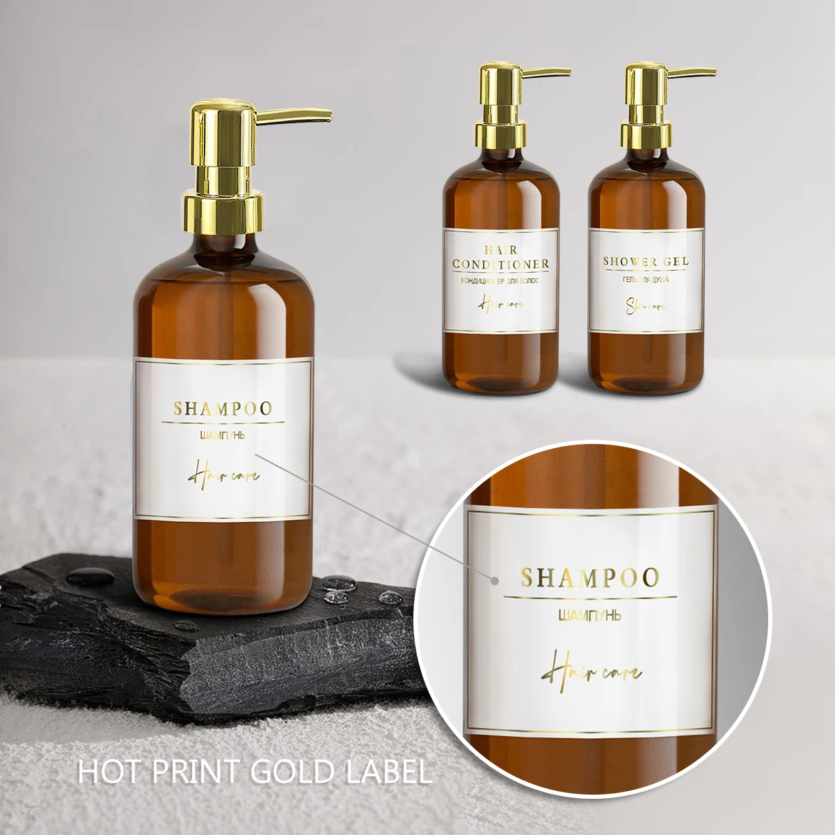 Amber Soap Dispenser Set, Shower Shampoo Conditioner and Shower gel Bottle Set with Waterproof Labels for Bathroom Decor view 4
