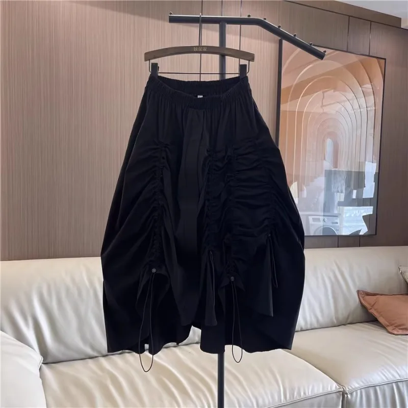 Irregular Design Black Skirt Unique High Waist Slimming Pleated Skirt For Women\'s Summer New 2024 Harajuku Long Loose Skirts