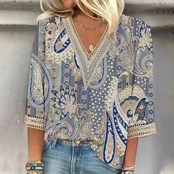 Floral Printed T Shirts Oversized Women Casual V Neck 3/4 Sleeve T-Shirts Retro Maxi Tops Bohemian Work Pullover Female Blusas