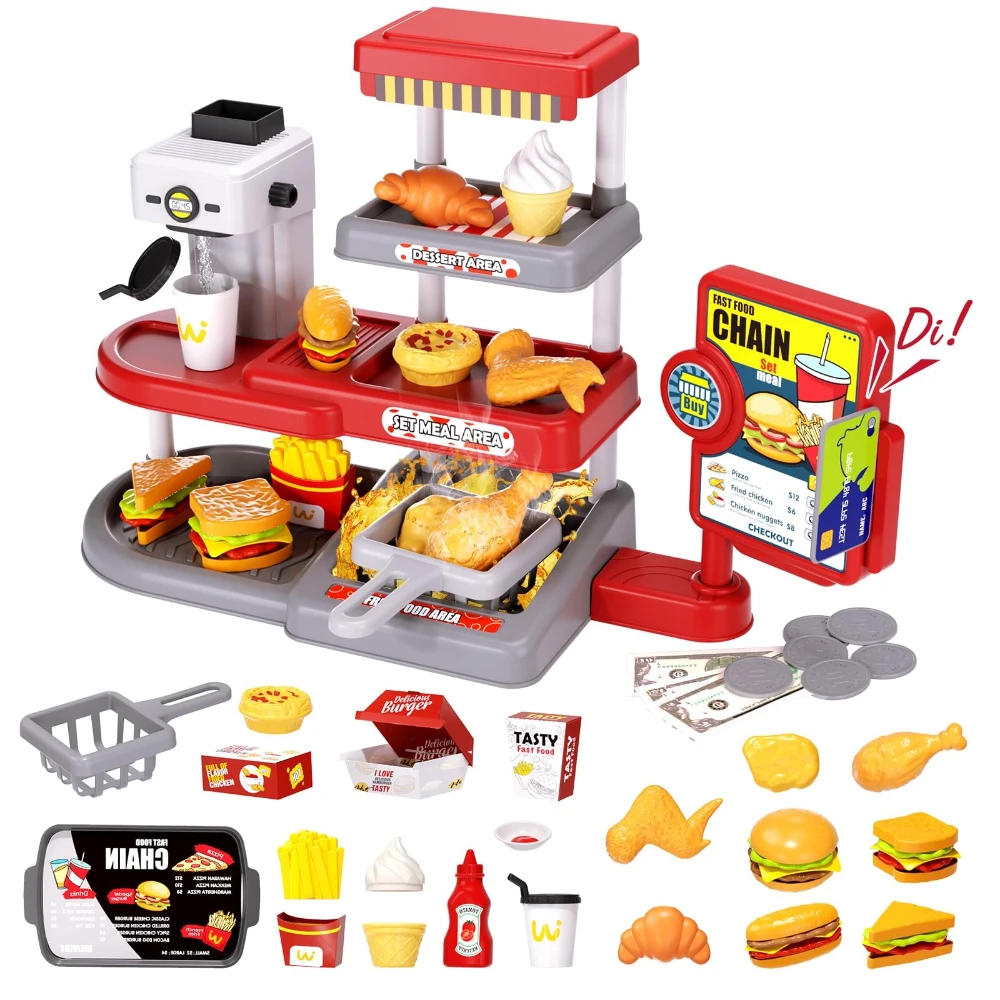 WizKidz Pretend Play Fast Food Toys Set - Cash Register Water Dispenser Hamburger Fried Chicken Egg Tart Play Money for Ages 3+