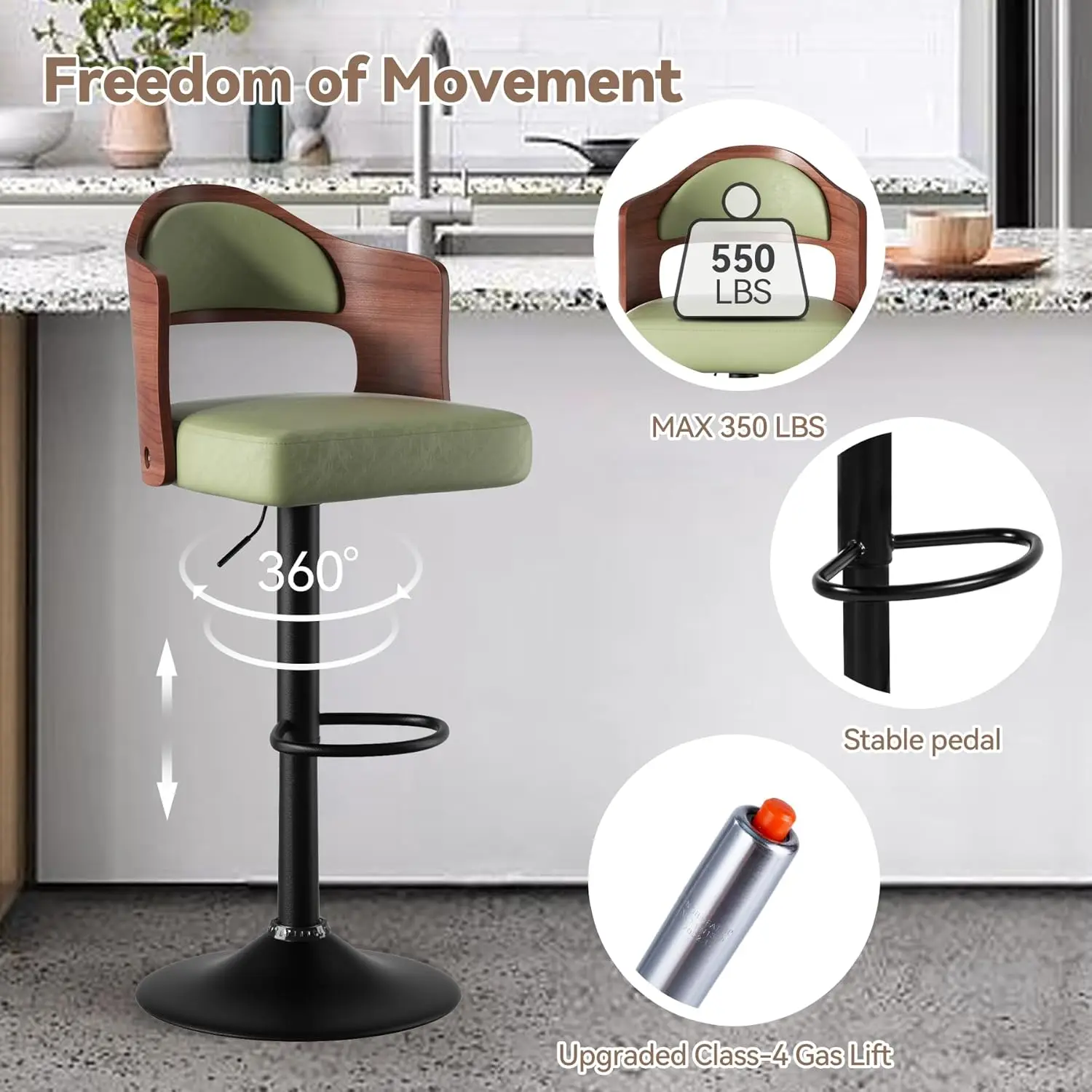 Swivel Bar Stools Set of 2 Seat Adjustable Height 24.5-33.5IN, Wooden Barstools PU Leather Upholstered Bar Chairs, Customized
