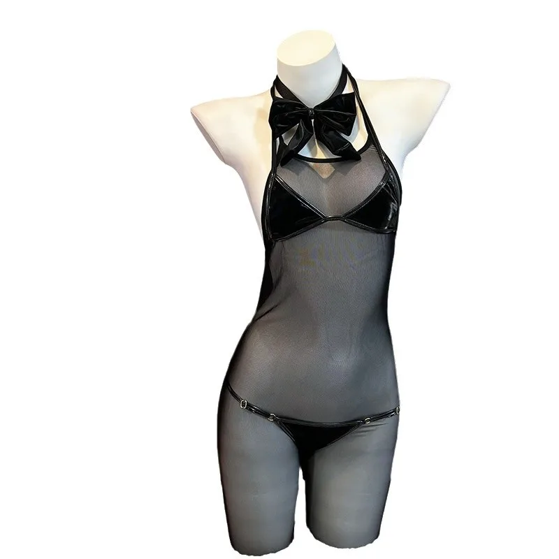 

Original Holographic Leather Bunny Girl 2026-Black Tuxedo Bodysuit Headband Set Sexy Sultry Halloween Cosplay Lingerie