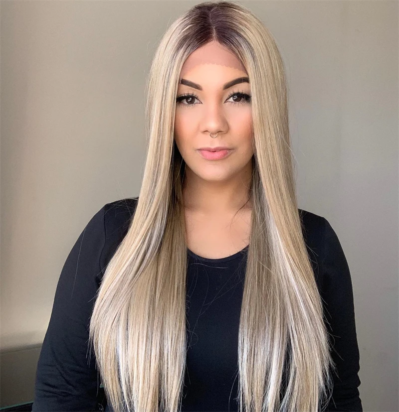 

High Quality Wig Cosplay Party Women's Wig 13x4 Lace Front Wigs Ombre Blonde Highlights Synthetic Lace Wig Natural Wig Straight