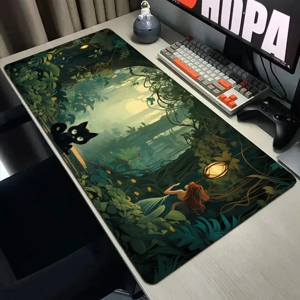Forest Secret Realm and Black Cat Mouse Pad Desk Mat with Stitched Edge Non-Slip gaming mats pc accessories keyboard desk pad