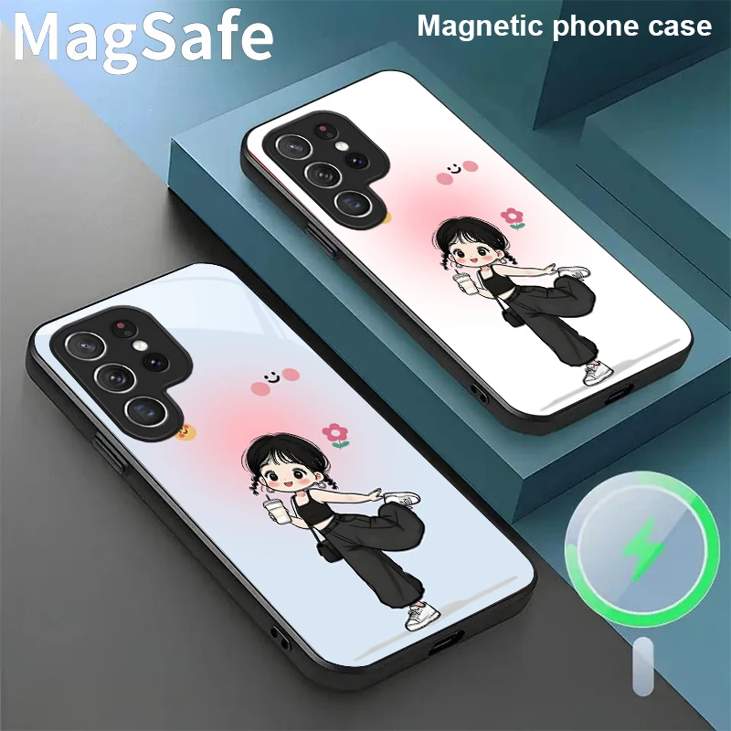 

The girl holding coffee For Samsung Galaxy S20 FE S21 S22 S23 Plus S24 Ultra S25 Edge S24Ultra 22Plus Magsafe Glass Phone Casee