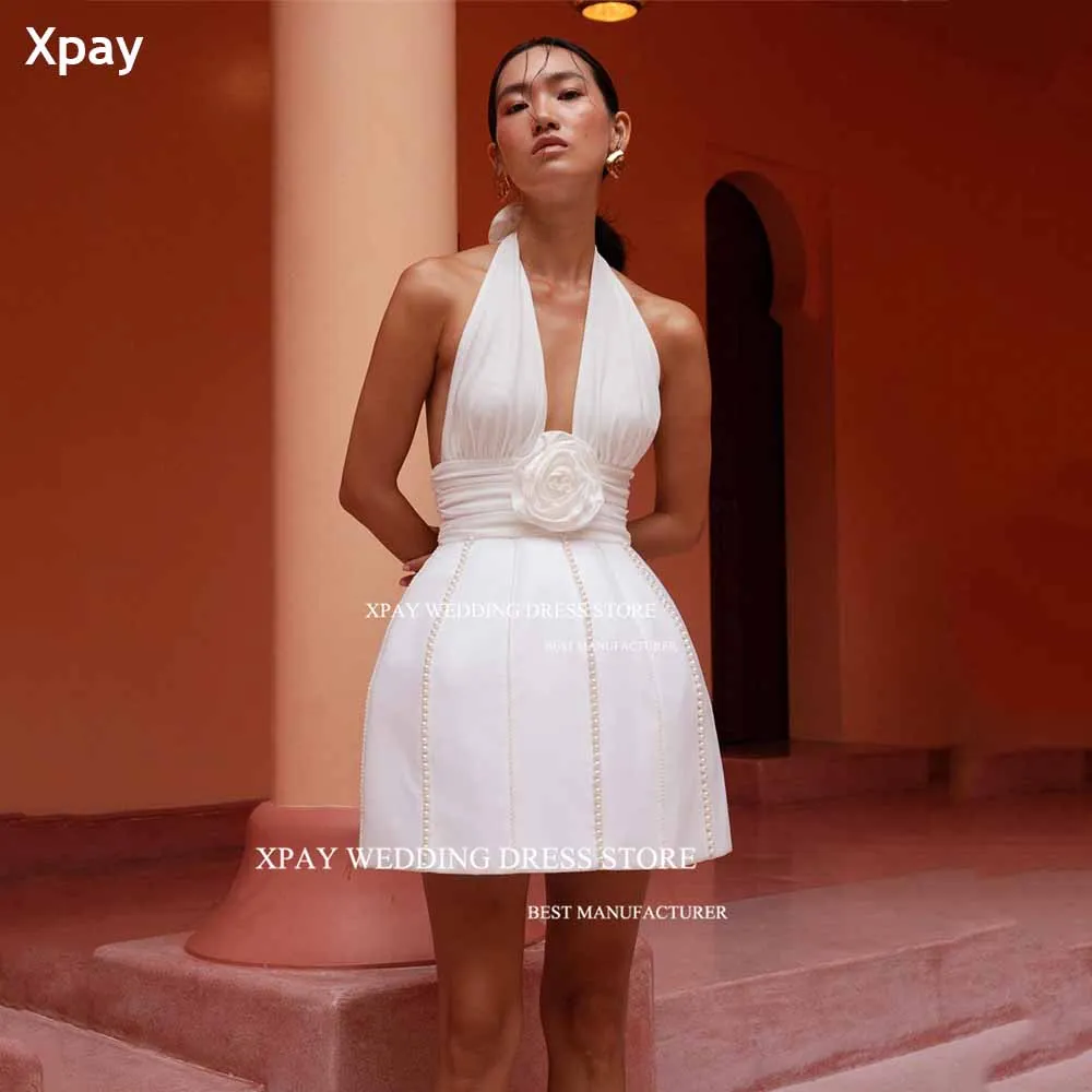 XPAY-Mini vestidos de noiva com gola V profunda, vestidos de noiva curtos, sem mangas e sem encosto, acima do joelho, flores rosas e pérolas, halter sexy, 2024