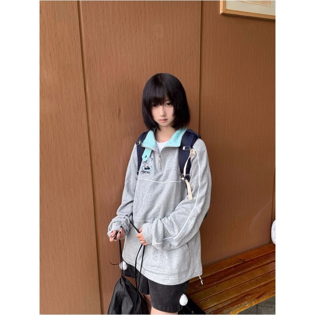 

Спортивные толстовки Topenomi с милым мультяшным принтом для женщин, новинка 2026 года, с воротником-стойкой, на молнии, повседневные свободные топы, японский милый стиль Y2K, худи