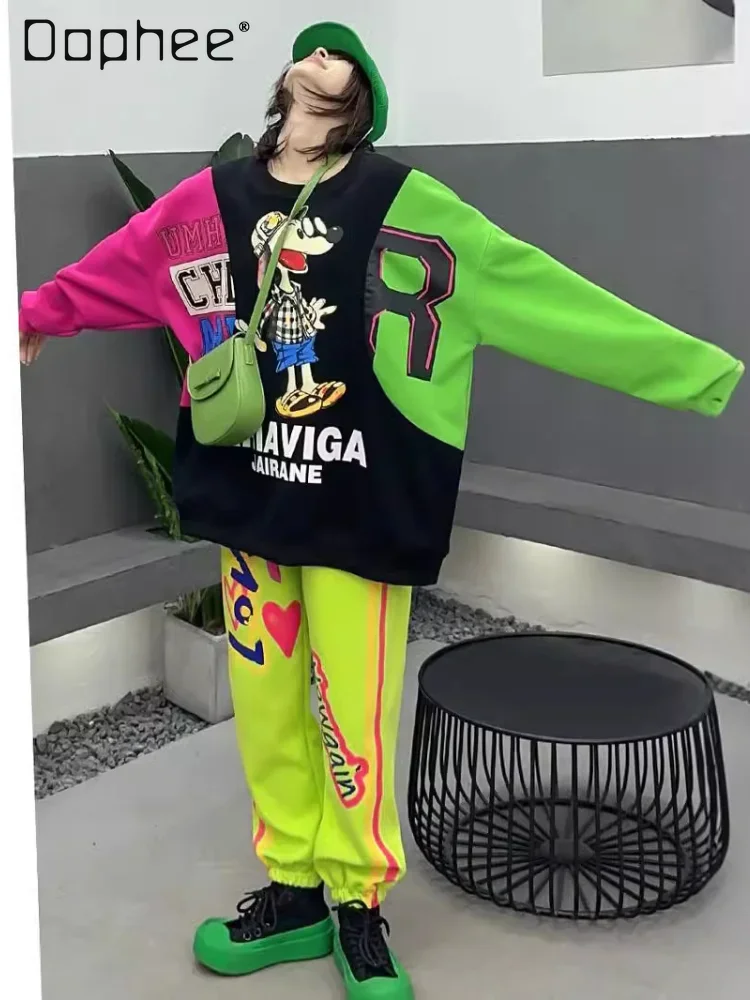 

Cartoon Dog Loose Multicolor Fashion Casual Exercise Suit Oversized Sweatshirt and Sweatpants 2 Piece Sets Womens Outfits