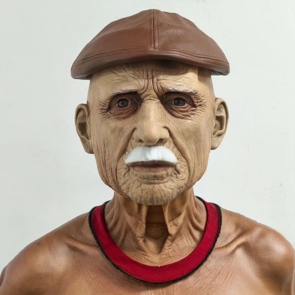 Máscara facial realista de velho masculino com boina chapéu acessório de fantasia de halloween couro pu barba moda adulto cosplay máscara de borracha