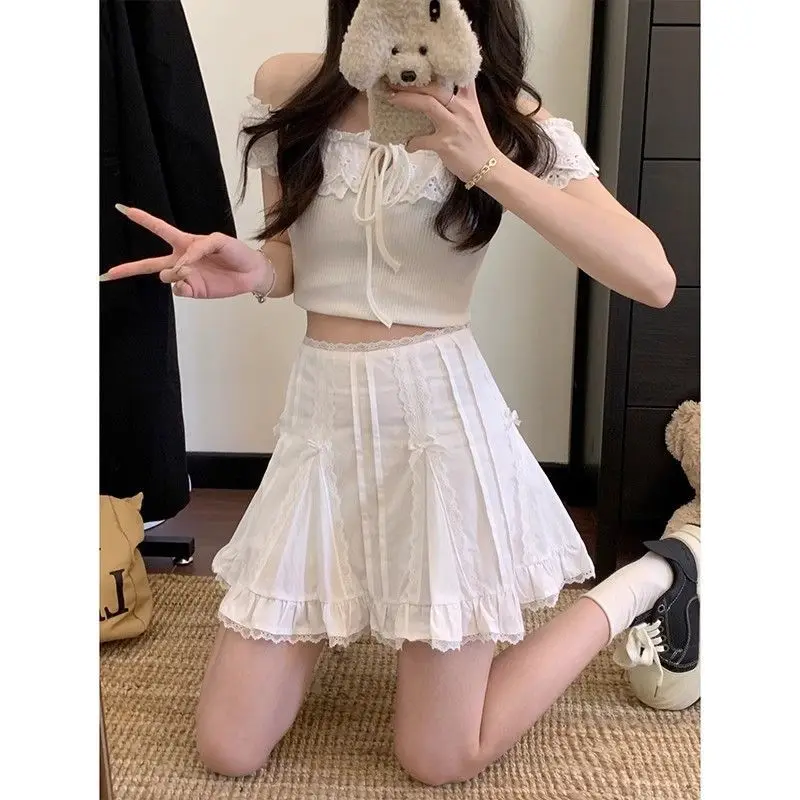 

Bow Lace Skirt with Lace Skirt for Women with High Waist Slim Pleated A-line Temperament