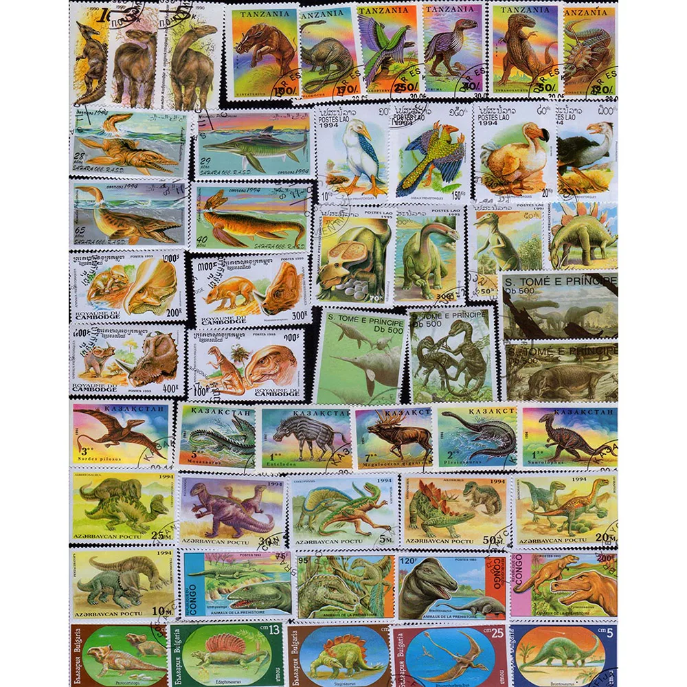 50 Pcs/Lot Dinosaur Prehistoric animals Topic Stamps World Original Postage Stamp with Postmark All different