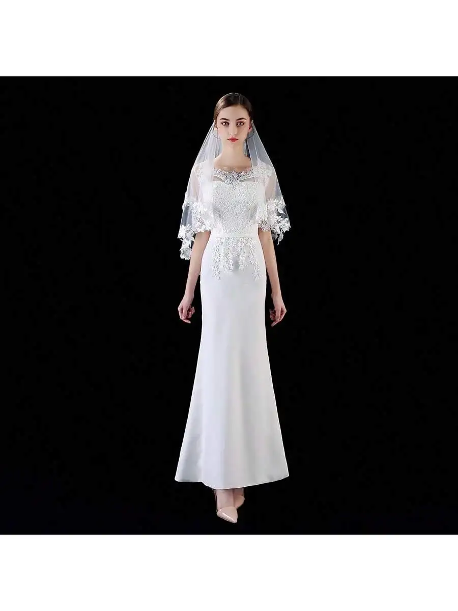 الجملة الأبيض العاجي الحجاب الزفاف القصير الدانتيل يزين طبقتين العروس الحجاب الزفاف 2025