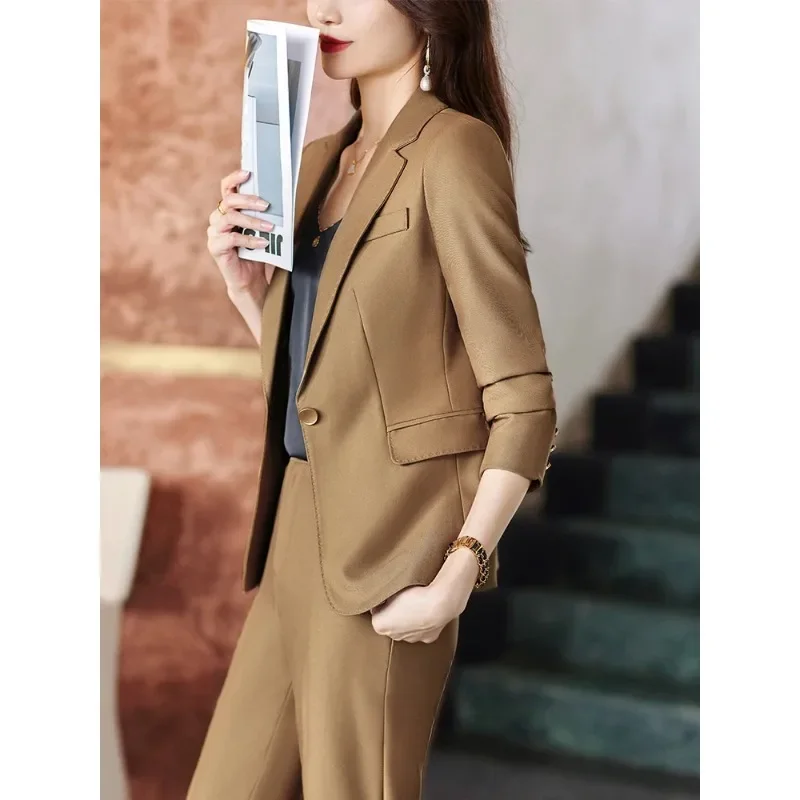 High Quality Women Pant Suit Ladies Beige Khaki Black Business Work Wear Formal 2 Piece Set Female Blazer Jacket And Trouser