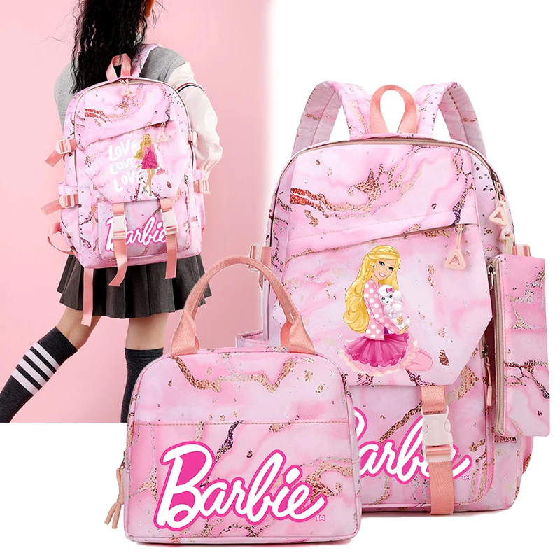 

Barbied Backpack Lunch Bag Pencil Case 3-piece Girl Cartoon Anime Pattern Schoolbag Pen Bags Large Capacity Bookbag Stationery
